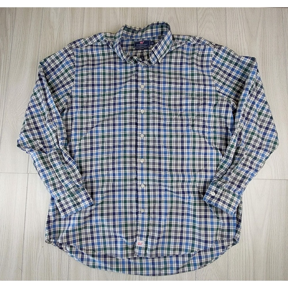 Vineyard Vines Murray Shirt Mens XL Blue Green Plaid Slim Fit Cotton Button Down